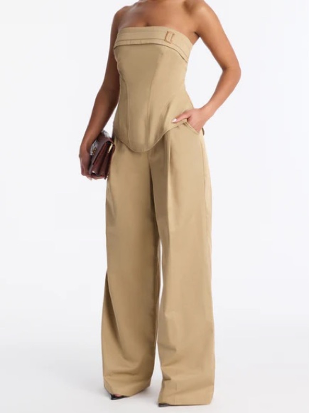 Strapless Wide-Leg Jumpsuit in Beige